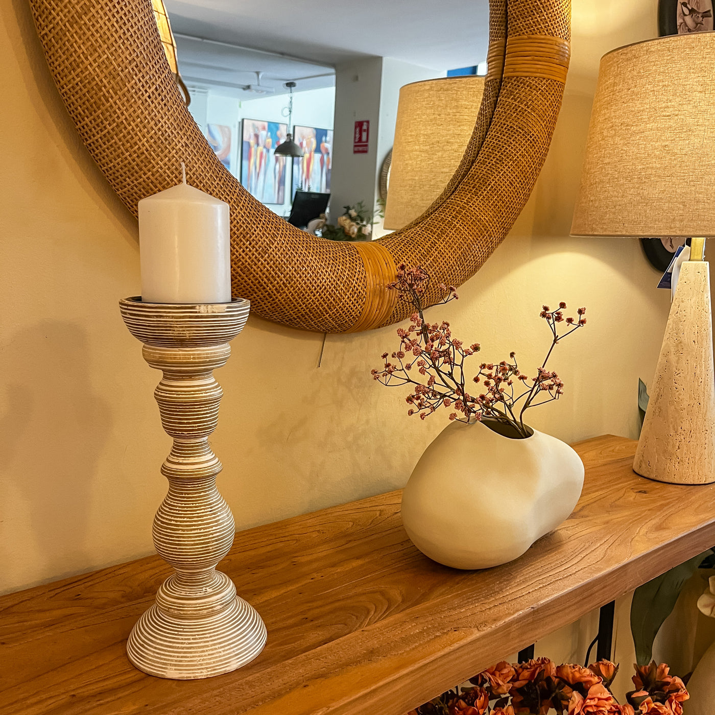 Candelabro madera de mango desgastado 12x12x30 cm