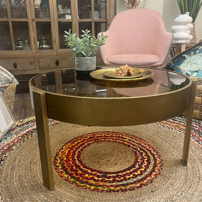 Mesa de centro metal dorado y cristal 75x42