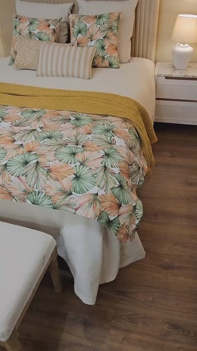 Plaid edredón hojas verde y naranja cama 135 y 150